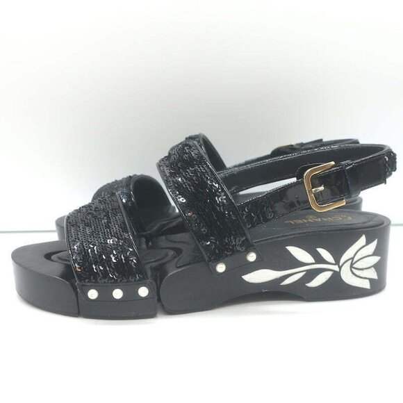 Chanel 16C Sequin Slingback Sandals Black Size 38.5 - Picture 6 of 12